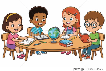 Cartoon Illustration of Happy Children Studying Together Around a Table 138064577