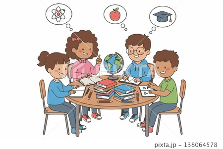 Cartoon Illustration of Happy Children Studying Together Around a Table 138064578