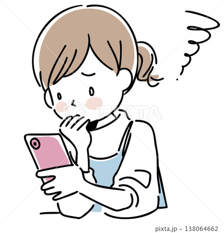 スマートフォンを見て困った顔をする女性のイラスト スマートフォンを見て困った顔をする女性のイラスト 138064662