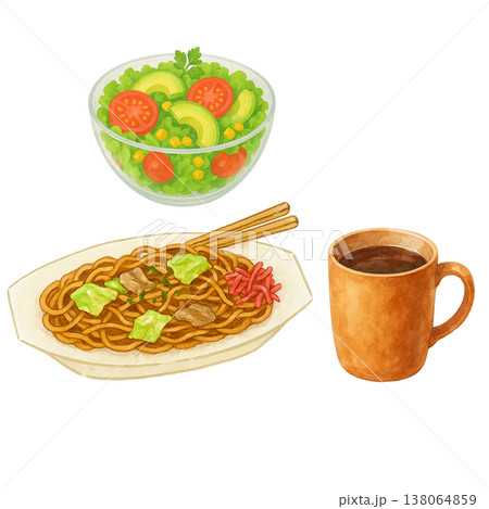 焼きそばとサラダとコーヒーのシンプル素材 食事イメージ カジュアルランチ 白背景 138064859