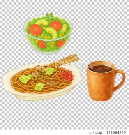 焼きそばとサラダとコーヒーのシンプル素材 食事イメージ カジュアルランチ 白背景 138064859