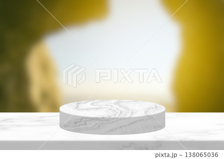 Minimalist white marble product display podium with a blurred background featuring a cave opening and natural light. Minimalist white marble product display podium with a blurred background featuring a cave opening and natural light. 138065036