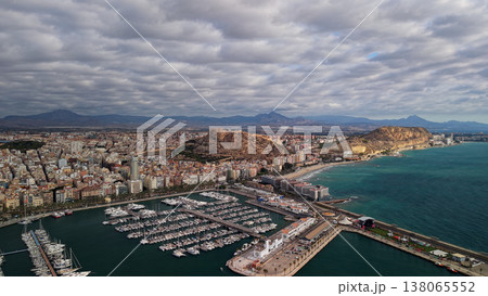 Aerial view of Alicante marina with yachts, Santa Barbara castle and Mediterranean coastline in Spain Aerial view of Alicante marina with yachts, Santa Barbara castle and Mediterranean coastline in Spain 138065552