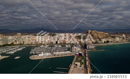 Aerial view of Alicante marina with yachts, Santa Barbara castle and Mediterranean coastline in Spain 138065553