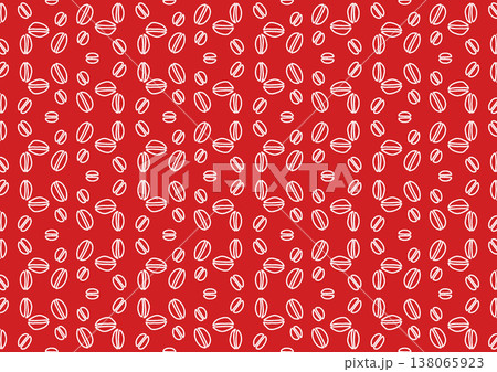 Seamless red background featuring white line art coffee beans in a geometric repeat. 138065923