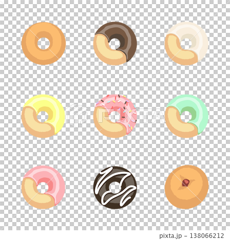 A set of 9 colorful donut illustrations (vector, flat pop) 138066212