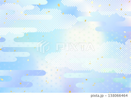 空や水のようなグラデーションと伝統模様を合わせた和風背景イラスト 138066464