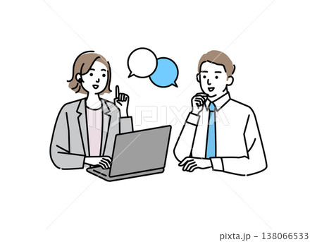 パソコンを操作しながら会話する若いビジネスマン パソコンを操作しながら会話する若いビジネスマン 138066533