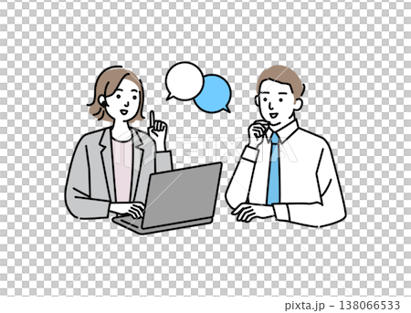 パソコンを操作しながら会話する若いビジネスマン パソコンを操作しながら会話する若いビジネスマン 138066533