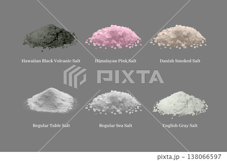 Danish smoked and English gray salt, Hawaiian black volcanic and Himalayan pink salt, realistic seasoning mineral powder 138066597
