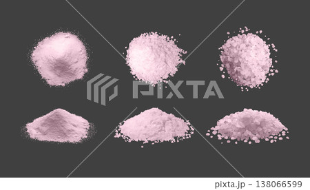 A set of realistic piles of Himalayan pink salt, fine and coarse, in top and side views. 138066599
