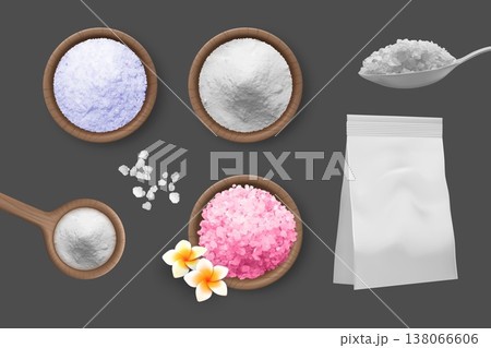 Himalayan pink salt in bowl top view, regular table and sea salt in spoon, bag, realistic seasoning, spa mineral powder Himalayan pink salt in bowl top view, regular table and sea salt in spoon, bag, realistic seasoning, spa mineral powder 138066606