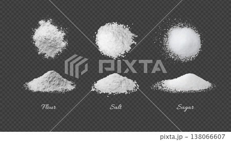 A realistic set of white crystalline piles of flour, salt, and sugar, viewed from the side and top. A realistic set of white crystalline piles of flour, salt, and sugar, viewed from the side and top. 138066607