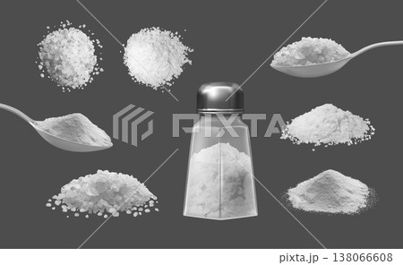 Realistic salt or sugar crystal powder pile in spoon and salt shaker, 3d vector white mineral grains cooking ingredient 138066608