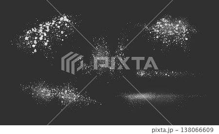 Realistic salt or sugar crystal powder scattered on surface top view, 3d vector white natural mineral various grinding 138066609