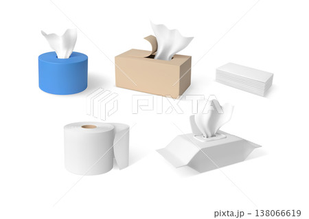 White hygiene tissue roll and in box packages 3D mock up vector set, realistic kitchen towel, wrap napkins, toilet paper 138066619