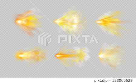 Gun shot with orange fire and smoke effects vector set, weapon firing blast, realistic flying gun bullet explosion trail 138066622