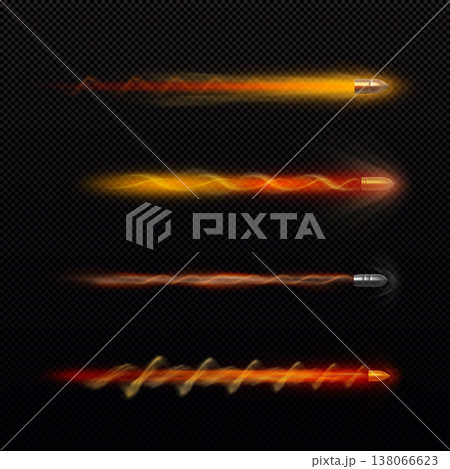Realistic set of flying bullets with smoke trace on dark background, vector gunshot fire trail, projectiles streaks 138066623
