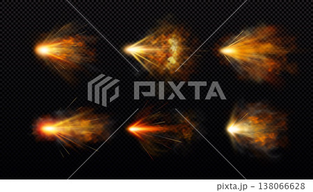 Gun shot with orange fire and smoke effects vector set, weapon firing blast, realistic gun explosion flash flame trails Gun shot with orange fire and smoke effects vector set, weapon firing blast, realistic gun explosion flash flame trails 138066628