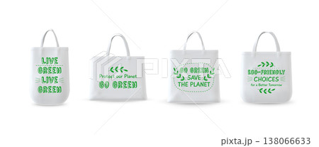White tote bags in various shapes with green lettering and eco-themed graphics. 138066633