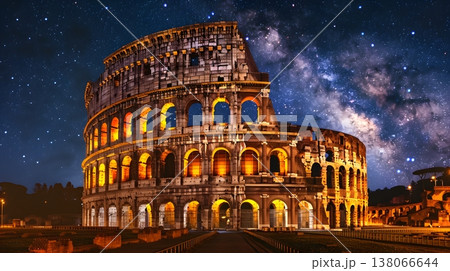 星空に輝くライトアップされたローマ・コロッセオ 星空に輝くライトアップされたローマ・コロッセオ 138066644