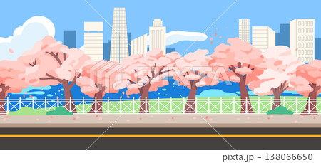 A flat vector illustration of a city street and riverside scenery with blooming cherry blossoms. A flat vector illustration of a city street and riverside scenery with blooming cherry blossoms. 138066650