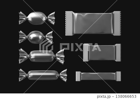 Realistic candy foil package mockup vector set, sweet product twisted pouch and flow wrapper, plastic container design 138066653