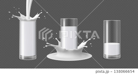 A set of glass glasses with milk, splashes, swirls, drops, pouring, and spilled. 138066654