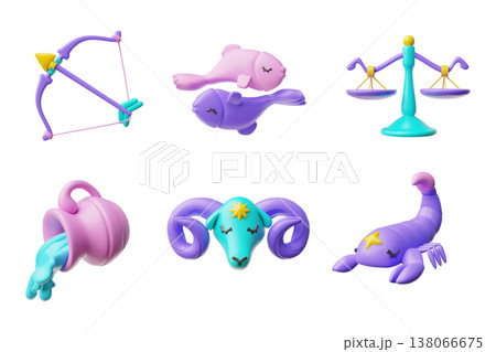 3D set of cartoon zodiac signs: Sagittarius, Pisces, Libra, Aquarius, Aries, and Scorpio. 3D set of cartoon zodiac signs: Sagittarius, Pisces, Libra, Aquarius, Aries, and Scorpio. 138066675