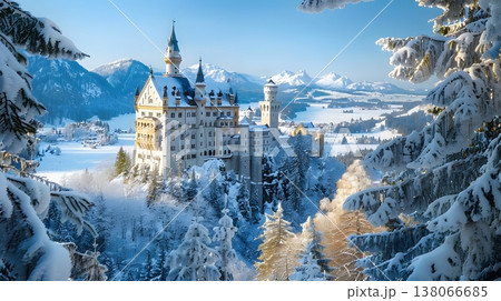 雪に包まれたノイシュヴァンシュタイン城の幻想的冬景色 138066685
