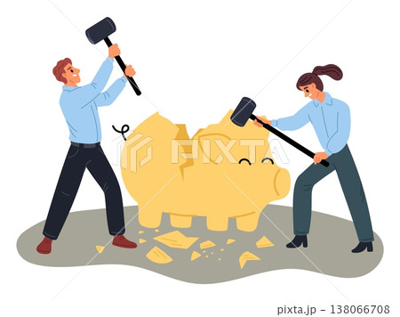 Businessmen break open piggy bank with hammer. Finance needy. Business people smashing moneybox with sledgehammer. Cash savings. Vector concept of financial problems or economy crisis Businessmen break open piggy bank with hammer. Finance needy. Business people smashing moneybox with sledgehammer. Cash savings. Vector concept of financial problems or economy crisis 138066708