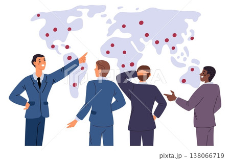 Businesspeople discuss international business development strategies against backdrop of world map. Partners conference. Diplomacy and negotiation. Group communication. Vector concept 138066719