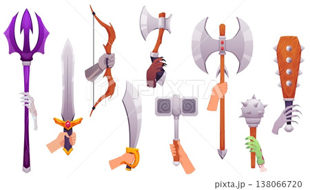 Cartoon game medieval weapons in hands vector set, saber, sword, axe, trident, spiked mace, bow in zombie arm, hairy paw 138066720