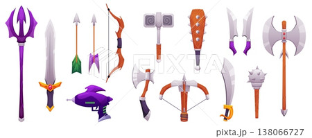 Cartoon game medieval weapons vector set, saber, sword with handle decorated gemstone, axe, trident, spiked mace, bow 138066727