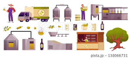 Olive oil production or manufacture process collection from cultivation to finished product flat vector set, factory 138066731