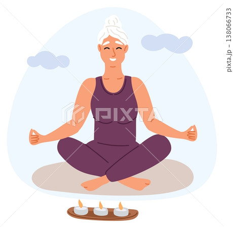 Elderly woman meditates sitting in lotus position with her eyes closed. Senior female practicing yoga asana and flexibility exercises. Aroma candles. Calm and wellness. Vector concept 138066733