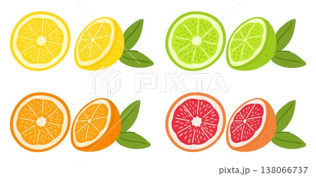 Fruit slices. Juicy citrus. Grapefruit and orange. Half of lemon. Lime with leaves. Refreshing lemonade. Food product. Sweet tangerine part. Natural fresh citron isolated pieces vector set Fruit slices. Juicy citrus. Grapefruit and orange. Half of lemon. Lime with leaves. Refreshing lemonade. Food product. Sweet tangerine part. Natural fresh citron isolated pieces vector set 138066737