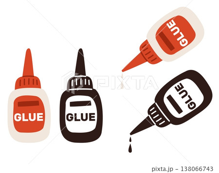Image tube of glue. Falling drip from bottle dropper. Stationery adhesive drops. Handmade craft or repair tools. Fixing gel phial. Vector set of icons of bubble with biting solution 138066743