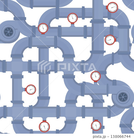 Intertwining water pipes with pumps and pressure gauges seamless pattern. Curved tube constructions. Sewer faucets. Repeated print. Pipeline drainage. Sewerage repair. Vector background Intertwining water pipes with pumps and pressure gauges seamless pattern. Curved tube constructions. Sewer faucets. Repeated print. Pipeline drainage. Sewerage repair. Vector background 138066744