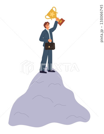 Joyful businessman standing on top of mountain with winners cup in hand. Leader achievement. Rivalry victory. Award gold goblet. Overcome obstacles. Vector concept of success in business Joyful businessman standing on top of mountain with winners cup in hand. Leader achievement. Rivalry victory. Award gold goblet. Overcome obstacles. Vector concept of success in business 138066745