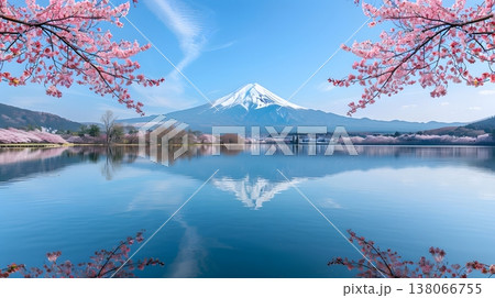 桜と湖に映る富士山の完璧な春の絶景 138066755