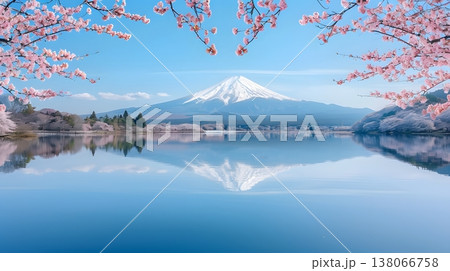 桜と湖に映る富士山の完璧な春の絶景 138066758