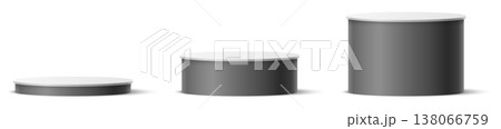 Realistic gray round podiums in various sizes. 3D pedestals for displaying goods. Product presentation base with shadow. Showcase scene. Cylinder stp stage. Vector set of cylindrical stands 138066759