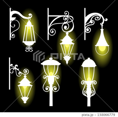 White glowing silhouettes of old street lamps on black background. Town streetlight. Outdoor classic illumination. Lamppost shine. Victorian streetlamp. Vector isolated elements set 138066779