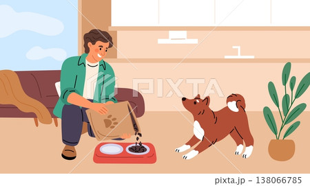Young man feeds his dog. Care of domestic animal. Guy gives treats to pet. Guy pouring food into feeder bowl from package. Nutrition for home mammal. Owner feeding puppy. Vector concept 138066785