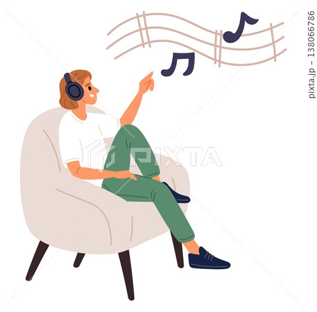 Young man or woman listens to music while sitting at home in comfortable armchair. Person wearing headphones and enjoying of melody. Cozy relax. Soundtrack musical notes. Vector concept Young man or woman listens to music while sitting at home in comfortable armchair. Person wearing headphones and enjoying of melody. Cozy relax. Soundtrack musical notes. Vector concept 138066786