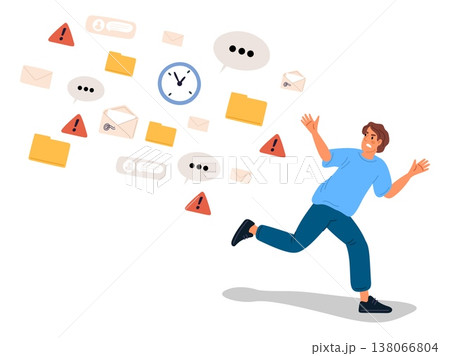 Young man runs away from flood information. Flow of emails and document folders. Escape from spam messages. Work deadlines. Digital hygiene and stress from overload of news. Vector concept 138066804
