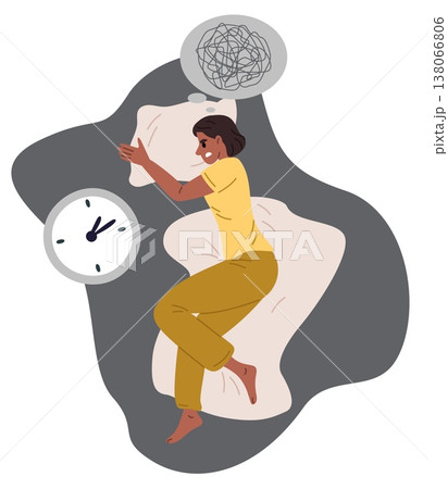 Young, sad woman lies in bed and cannot sleep. Unhappy girl suffering from insomnia. Dream deprivation. Sleepless night. Problem with slumber. Vector concept of mental asleep disorder Young, sad woman lies in bed and cannot sleep. Unhappy girl suffering from insomnia. Dream deprivation. Sleepless night. Problem with slumber. Vector concept of mental asleep disorder 138066806