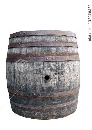 Old traditional oak barrel for wine aging isolated on a white background. Isolated object photography of an aged wooden cask used for whiskey, bourbon, or beer storage in a cellar. Old traditional oak barrel for wine aging isolated on a white background. Isolated object photography of an aged wooden cask used for whiskey, bourbon, or beer storage in a cellar. 138066872