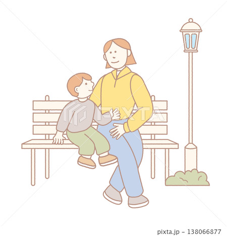 Mother and child talking on park bench Mother and child talking on park bench 138066877